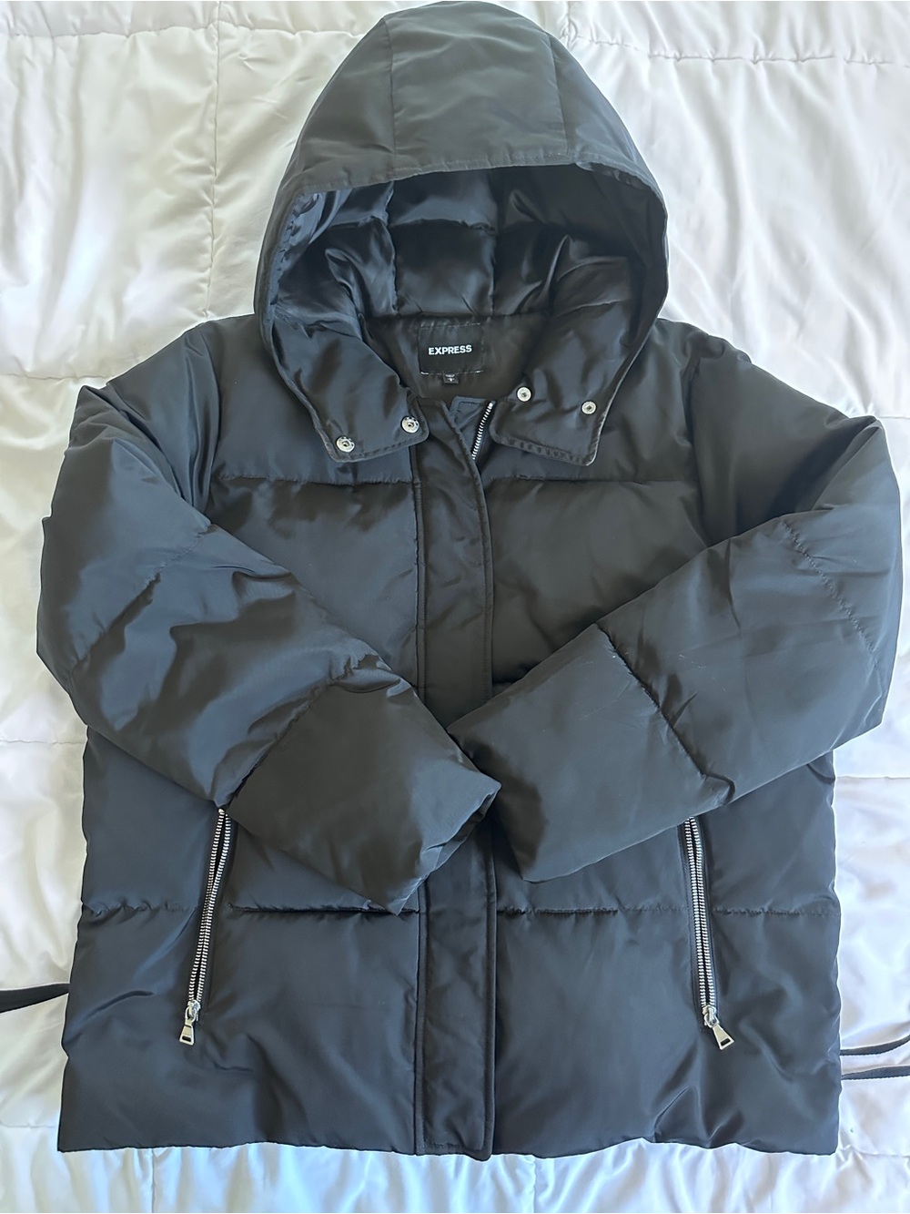 Express Black Puffer Jacket L Corset Lace Up Hooded Winter Coat